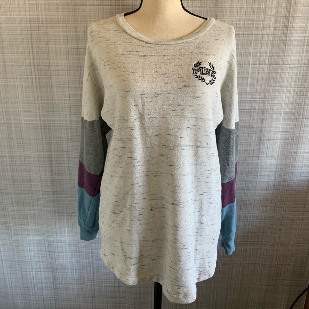 PINK Victoria’s Secret Gray Pullover Love Pink Striped Sleeves